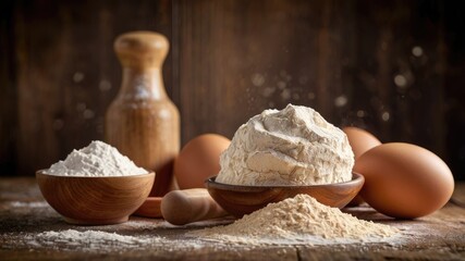 Fototapeta premium Flour, eggs and rolling pin on wooden table