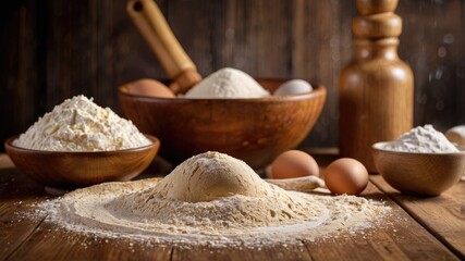 Fototapeta premium Flour, eggs and rolling pin on wooden table