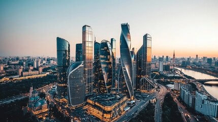 Obraz premium Panorama of Moscow city after sunset viewed from International Business Center, a modern, futuristic skyscraper complex.