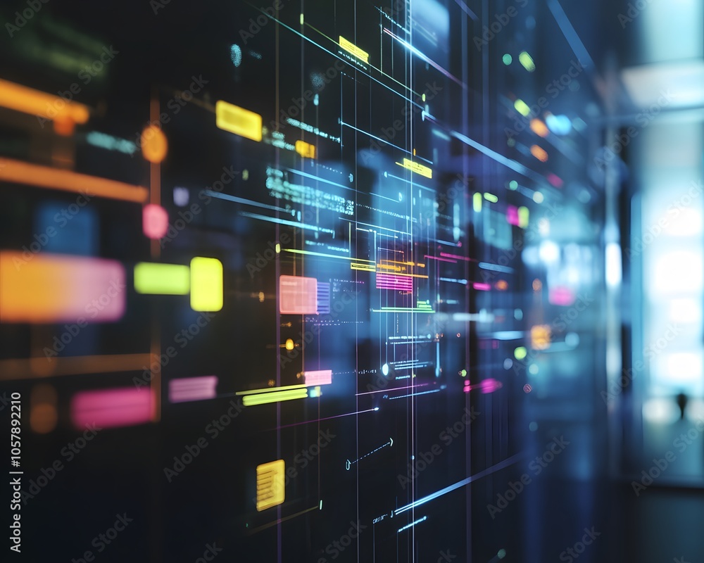 Poster vibrant digital interface displaying colorful data visualizations and patterns, ideal for technology
