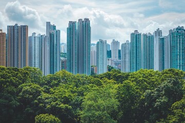 Fototapeta premium High Rise Sustainable Buildings in Green Ecological Metropolis Background. Environmental Protection AI Generated Art Concept. Sci-Fi Green Urban Utopia Concept Illustration.