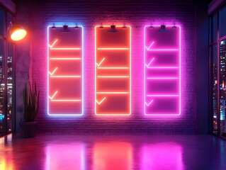 Vibrant neon lights illuminate a modern workspace with checklists, creating an energetic and motivational atmosphere.