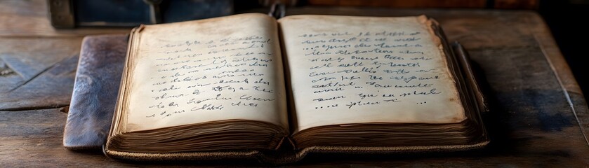Vintage book with handwritten pages resting on a rustic wooden table, evoking nostalgia and history.
