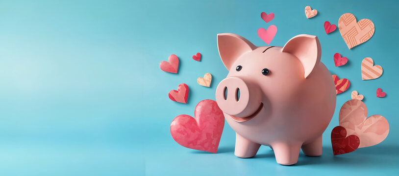 Cochon tirelire avec des c&oelig;urs, exprimant le don et la charit&eacute;