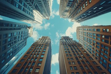 Fototapeta premium Urban Skyview - Buildings Reach Upward To Sunny Clouds