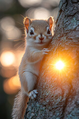 cute squirrel climbing up tree trunk, illuminated by sunlight. warm glow creates charming...