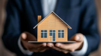 Investor holding digital house model with projected stock prices
