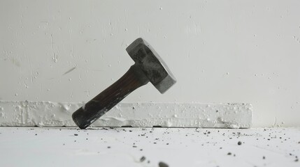 The hammer strikes down on the pristine white surface, leaving a mark of force and impact as it connects with a resounding t