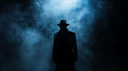 A mysterious man wearing a hat and coat stands in a dark alleyway.
