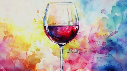 Colorful paint and sip watercolor canvas with red wine glass.