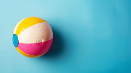 This is a high-quality, photo-realistic render of a beach ball on a blue background. The ball is yellow, pink, and white, and it is slightly deflated.