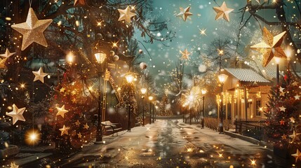 The holiday decorations feature sparkling stars, and the Christmas greeting card is adorned with festive imagery