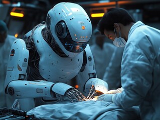 An advanced AI-powered robot assisting a doctor in a surgical procedure in a high-tech medical room
