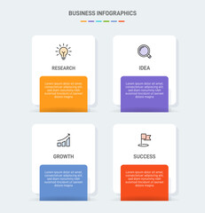 4 clean infographic design shaped elements template, symbolizing the four stages of business strategy and progression. Progress bar or timeline. Vector for presentation, web site or app.