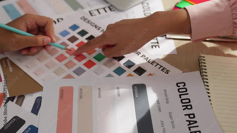 Aufkleber hand closeup of two designer brainstorming and choosing color for graphic design working or client a
