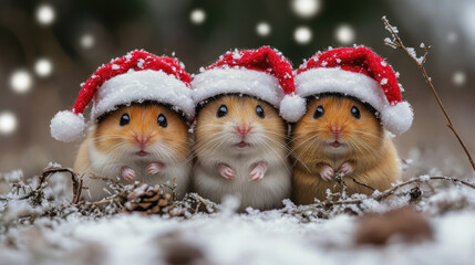 hamsters in Santa Claus hats on winter background, christmas, new year, xmas, greeting card illustration, rodent, mouse, pet, cute animal