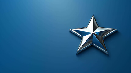 A shiny silver star on a blue background. The star is in the upper right corner of the image.