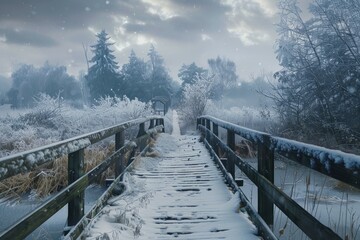 Naklejka premium Wooden bridge covered with snow over a river stream. Neural network ai generated art