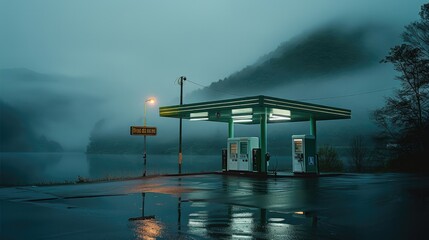 A green gas station in the middle of nowhere, overlooking the lake confined and misty hills at night.