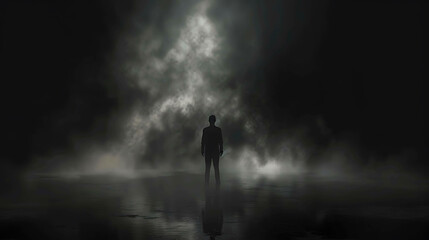 A dark figure stands alone in a foggy landscape.