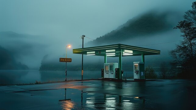 A green gas station in the middle of nowhere, overlooking the lake confined and misty hills at night.