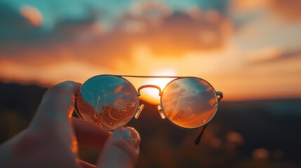 The setting sun casts a warm glow over the evening sky, creating a beautiful backdrop for the sunglasses being held in someone's hand