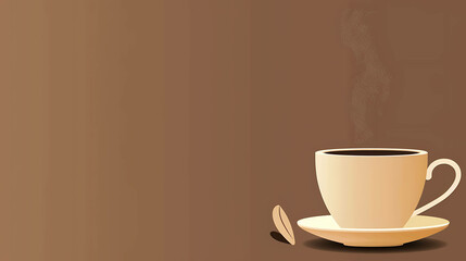 Obraz premium A steaming cup of coffee on a saucer with coffee beans on the side on a brown background.