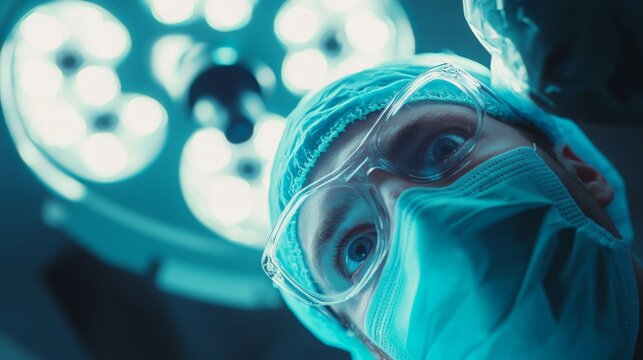 A surgeon, wearing a surgical cap, mask, and goggles, looks up from their work. The bright lights of the operating room are reflected in the surgeon's eyes.