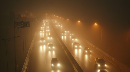 Foggy Night on the Highway - Glowing Lights and Blurred Traffic in the Mist