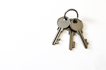Close-up of silver keys on a ring against a white background