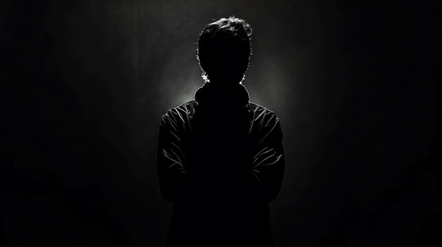 The image is a dark and mysterious silhouette of a person standing in a spotlight. The person is wearing a long coat and has their arms crossed.