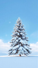Obraz premium Snow-covered evergreen tree standing alone on a winter day under blue sky