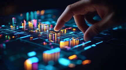 Fototapeta premium Investor s hand on digital property map with cityscape projection