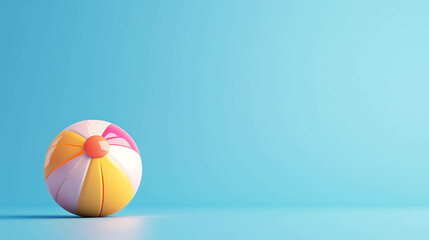 This is a 3D rendering of a beach ball on a blue background. The ball is yellow, pink, and blue, and it is slightly deflated.