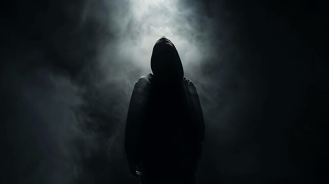 A mysterious figure in a dark hoodie stands in a dimly lit room. The figure's face is obscured by the hood, and their body is shrouded in shadow. - Powered by Adobe