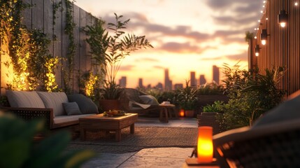 Obraz premium Urban Rooftop Garden at Sunset with City View