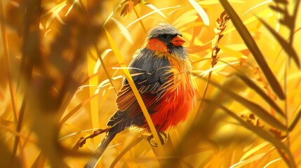 There is a bird with a beard that is quite comical, and it is surrounded by a background of yellow reeds.
