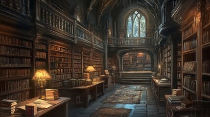 Fototapeta premium A cozy library, with rows of bookshelves and hushed whispers of pages turning. The air is filled with the scent of old books and the soft hum of people lost in their reading.