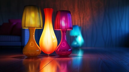 Vibrantly colored and bright lamps stand out against a deep, dark background, 