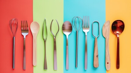 Wooden utensils paired with metal straws set against a vibrant colored background, embodying the idea of zero waste and sustainability. 