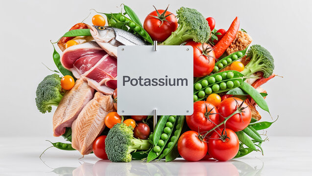 Various fresh food, fruits and vegetables with the sign potassium