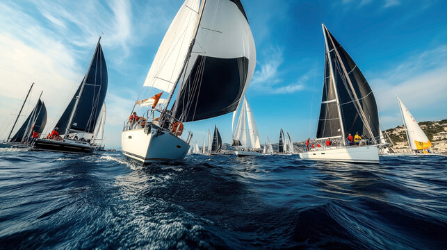 Dynamic view of multiple sailboats with colorful sails participating in a competitive sailing race on a clear day, with vibrant blue skies and ocean waves.