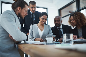 Tablet, corporate and business people in meeting for teamwork, website review and planning. Office, professional and workers on digital tech in boardroom for feedback, online project or collaboration