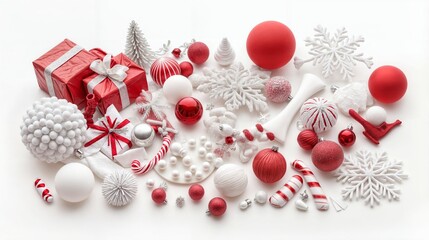 Festive flat lay red white Christmas decorations gifts snowflakes ornaments background