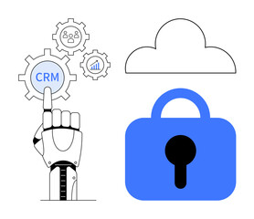 Robotic hand pointing at CRM gear. Other gears have user and bar chart icons. Cloud symbol and blue lock present. Ideal for technology, CRM, data management, cloud computing, cybersecurity