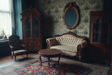 Fototapeta premium Elegant vintage living room with ornate furniture in a historic setting during daylight hours