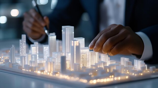Property investor consulting with architect, cityscape model in hand, progressive real estate ideas
