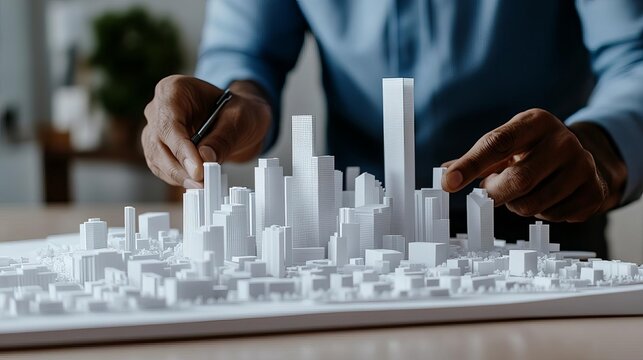 Property investor consulting with architect, cityscape model in hand, progressive real estate ideas