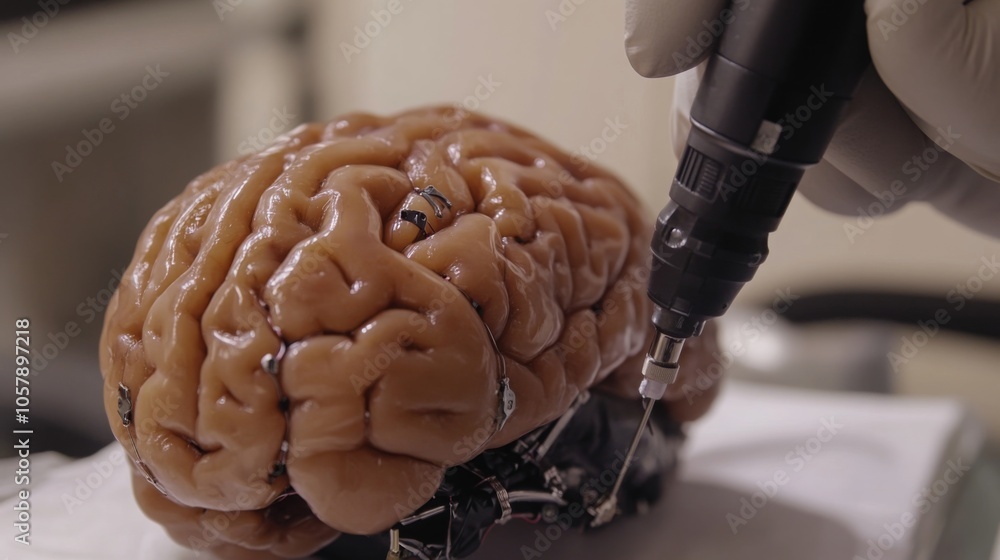 Poster In a lab, a researcher inspects a brain model with precision tools, delving into details to advance their understanding of neuroscience and artificial intelligence.