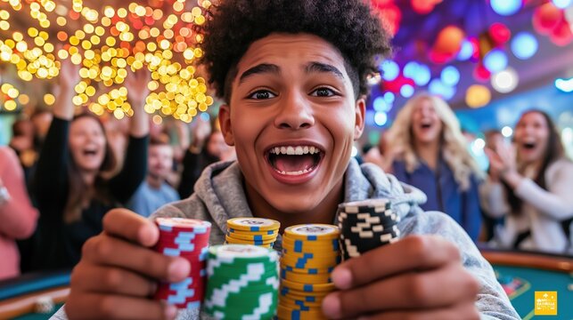 Ecstatic teen celebrates big win at casino with colorful chips in hand